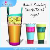 Factory Produce FDA BPA Free Snackeez Plastic 2 in 1 Kids Travel Snack Drink Cups With Straw