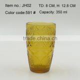 Press Drinking Glass/Wine Goblet,Hiball,DOF, Sundae Cup Color Glass in Amber With Geometric Designs Emboss thumbnail-3