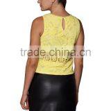 Women Yellow Sleevesless Round Neck Lace Tops thumbnail-3