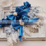 Royal Blue Satin Ribbon wedding garter set,Vintage Imperial Lace Garter