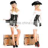 Classic Pirate Costumes Black PU Leather White Lace Pirate Dress Role Play Party Halloween Costumes for Women