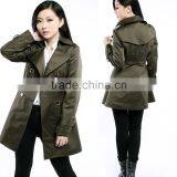 Women Wind Coats Turn Down Collar Double Breast Slim Trench Coat Green Navy Color thumbnail-1