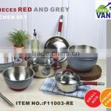 Red silicon color kitchen cabinet design 10pcs induction cookware set /kitchen accessories/fruit and vegetable basket