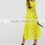 China fashion clothing OEM Square neck Frill overlay Split sleeves Cut-out strappy back dresses