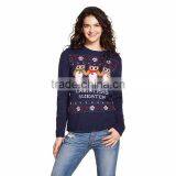 Women Deep Blue Sweater Owls Pattern Hand Knit Christmas Sweaters Pullover thumbnail-1
