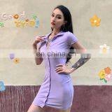 2020 Hot Sale Buttoned Hip Skirt Sexy Women's Short Sleeve Lapel Shirt Dress thumbnail-3
