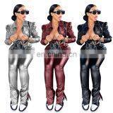 Fashion Sexy Women Casual Outfits Winter Overalls PU Leather Crop Shirt+Split Pant Tracksuit Two Pieces Set thumbnail-2