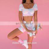 Whole Sales 2021 New Tie Dye Fitness Sports Wear Apparel Seamless Yoga Shorts and Short Sleeve Crop Top Sports Bra Set for Women thumbnail-4