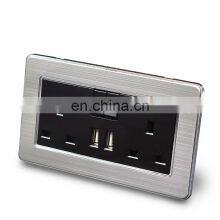 Hot Sale UK 13A 146mm Stainless Steel Panel Wall Socket With 2 Three-hole Socket and 2 USB Ports Charge Socket Wall Outlets