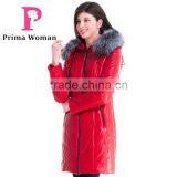New 2016 Women Winter Leather Jacket Medium Length Slim Fit Coat With Brown Fox Fur Hat Overcoat