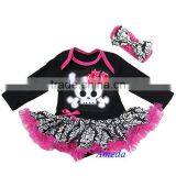 Baby Black Hot Pink Damask Skull Long Sleeves Bodysuit Pettiskirt and Headband NB-18M thumbnail-1