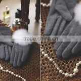 Chic Grey Lamb Wool Gloves White Genuine Rabbit Fur Pompom Bobble Top