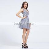 12735 V-neck Lace Tulle Harder Mesh With Satin Grey Sleeveless Cute Prom Party Dress thumbnail-3