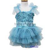 Teal Blue Rosettes Rose Tutu Party Dress Wedding Flower Girl Pettiskirt 1-7Y thumbnail-1