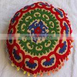 Indian Cushion Cover Hand Embroidered Cotton Round Pouffe Vintage Suzani Pillow Case Handmade Ottoman Cover 16''