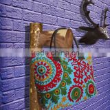 RTHHB-5 Canvas Floral Colouful Embroidery Uzbek Suzani semi leather handled tote shopping bags embroidery Manufacturers