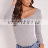 Custom Size One Piece Plain Jumpsuit Long Sleeve Basic Grey Scoop Neck Thong Bodysuit thumbnail-3