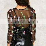 Fashion Transparent Mesh Floral Embroidery Top Tees Summer Short Sleeve T-Shirt Apparel thumbnail-2