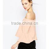 2016 Guangzhou Shandao Summer New Elegant Design Casual 3/4 Flare Sleeve Off Shoulder Pink Chiffon Girls Party Wear Tops thumbnail-3