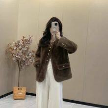 Novo casaco de pele de falsa vison ecológico de outono e inverno para mulheres, com gola redonda curta e fashion em Haining thumbnail-3