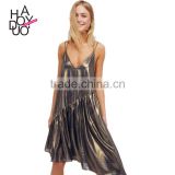 HAODUOYI Fashion Metallic Luster Women Spaghetti Strap Dress Asymmetry Hemline V-neck Backless Ladies Vestidos for Wholesale