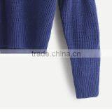 2017 Fall Women Loose Dark Blue Cold Shoulder Knit Sweater thumbnail-3