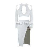 Amigo 2017 Christmas Party Bandage Dress 2pcs Dresses With White Long Sleeve Hollow Out Crop Top and Midi High Vent Skirt thumbnail-2