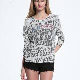 Long Sleeve Printed Word Round Neck Knitted Top Shirt thumbnail-3