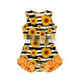 Floral Pattern Blooming Sunflower Black and White Stripe Printing Toddlers Soft Newborn Bodysuit Ruffle Girl Romper thumbnail-1