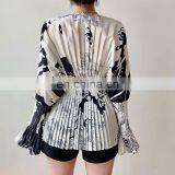 TWOTWINSTYLE Women's Shirts V Neck Flare Long Sleeve Pleated Tunic Large Size Casual Summer Blouses thumbnail-6