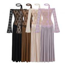 Pure Desire Style Off-shoulder Lace Patched Faux Two-piece Long Sleeve Dress, New Autumn Waist-cinching Slim and Elegant Long Dress thumbnail-2