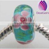 Handmade Fashion green large hole glass beads with pink flowers