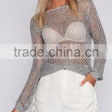 Long Sleeve Metallic Shiny Fancy Tops Summer Sexy Lady Tops thumbnail-1