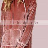 MGOO Oversized Women Longline Pollover With Side Pockets Shiny Drawstring Velvet Hoodie Dress Pink thumbnail-5