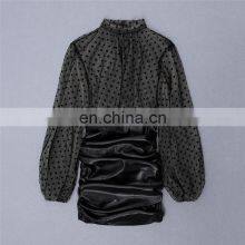 Платье из синтетической кожи с воротником-стойкой, сетчатыми точками, длинными рукавами, сексуальным стилем, подходящее для вечеринок в клубе и стесняющего тела thumbnail-3