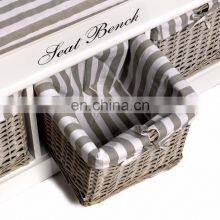 Three BASKET White Wooden Seat BENCH Useful Compartment Storage Organiser Fabric thumbnail-2