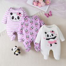 3pcs Newborn Baby's Cartoon Moon & Cloud Pattern Footed Bodysuit, Casual Comfy Long Sleeve Romper, Toddler & Infant Girl's Onesie, As Gift