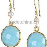 Aqua Chalcedony Faceted Coin Shape Earing Set in Vermil Gold Jewelry