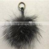 Silver Fox Fur Pom Pom Ball Bobble Keychain Key Ring Bag Pendant with Strap and Metal Buckle