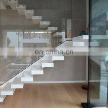White Finish Wood Step Led Stairs With Tempered Glass Balustrade thumbnail-1