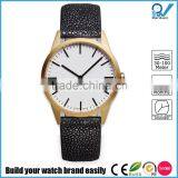 PVD satin gold case coating stainless steel case 5ATM waterproof unisex genuine leather fashion watch