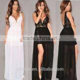 Women's V-neck Lace Open Side Split Summer Beach Chiffon Long Maxi Bodycon Dress