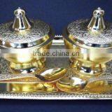 Indian Wedding Gift, Wholesale Low Price Return Gift Gold Plated Brass Bowls and Tray Set thumbnail-2