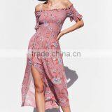 Lady's Smocked Dress With Slit off the Shoulder Floral Long Maxi Dresses thumbnail-4