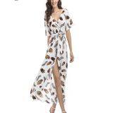 Half Sleeve Leaf Printed Front Open Waist Tied Women Dress thumbnail-4