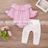 2019 Striped Print Girls Long Flare Sleeve Romper Tops & Baby White Hole Pants Outfits 2pcs Set thumbnail-3