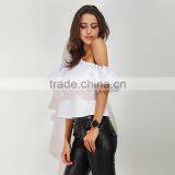 New Style White Lotus Leaf off Shoulder Ladies Crop Top Latest Blouse Designs for Back thumbnail-4