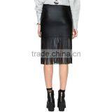 MGOO New Arrival OEM Services Women Black Faux Leather Midi Slinky Skirts With Tassels Bottom 15145A033 thumbnail-3