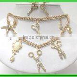 Double Layer Beauty Shop Theme Dryer Brush Comb Mirror Dangle and Crystal Scissors Charm Chain Necklace Earring Set