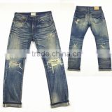 Custom High quality vintage wash distressed Japanese selvedge jeans denim selvedge denim jeans(LOTR015)